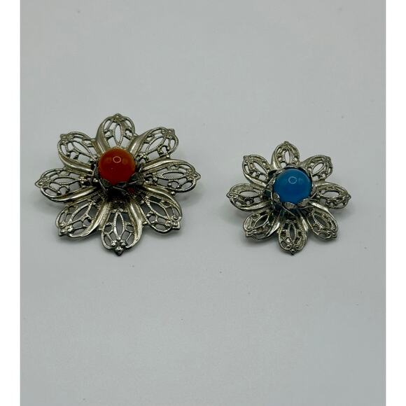 Vintage Silver Tone Flower Brooches Interchangeable Bead Center Set of 2 (0016) - Picture 1 of 6